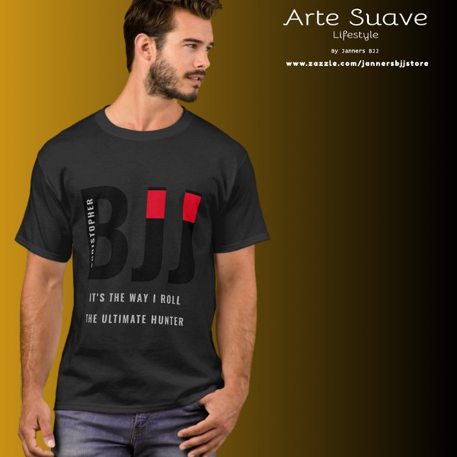 Camiseta BJJ brasileño Jiu Jitsu Añadir nombre cinturón neg (Dark BJJ Tshirt worn by a medium build guy.)