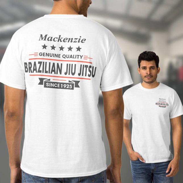 Camiseta BJJ Brasileño Jiu jitsu Frente y Trasero Personali (White Brazilian Jiu Jitsu Tshirt with large rear print and small front breast print)