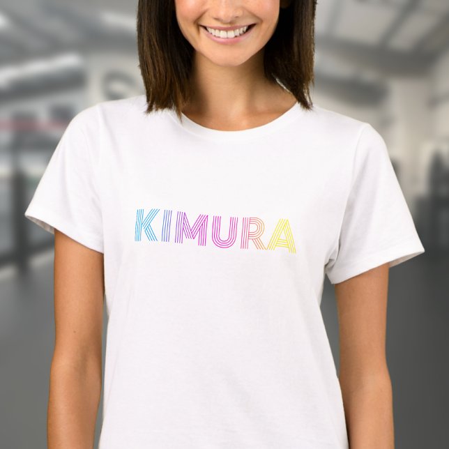 Camiseta BJJ Kimura brasileña Jiu Jitsu White Women's (Woman's BJJ Kimura t-shirt in white worn by a female model.)