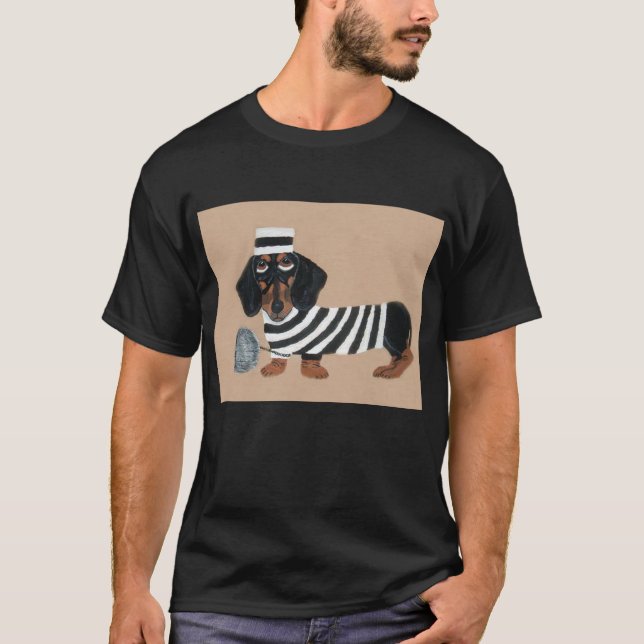 Camiseta Black and Brown Dachshund Treat Thief Jailbird (Anverso)