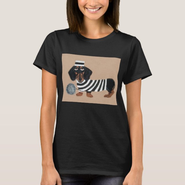 Camiseta Black and Brown Dachshund Treat Thief Jailbird (Anverso)