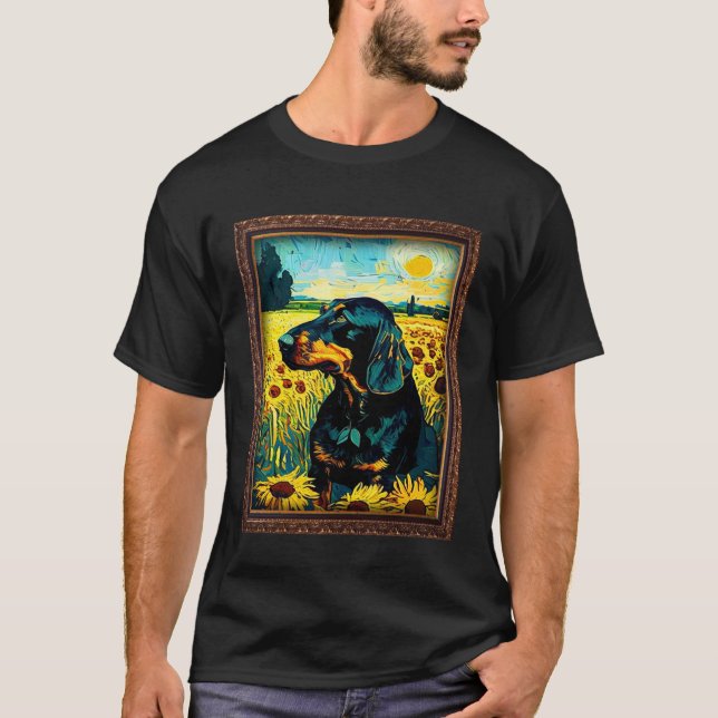 Camiseta Black and Tan Coonhound Painting Sunflower Flower  (Anverso)