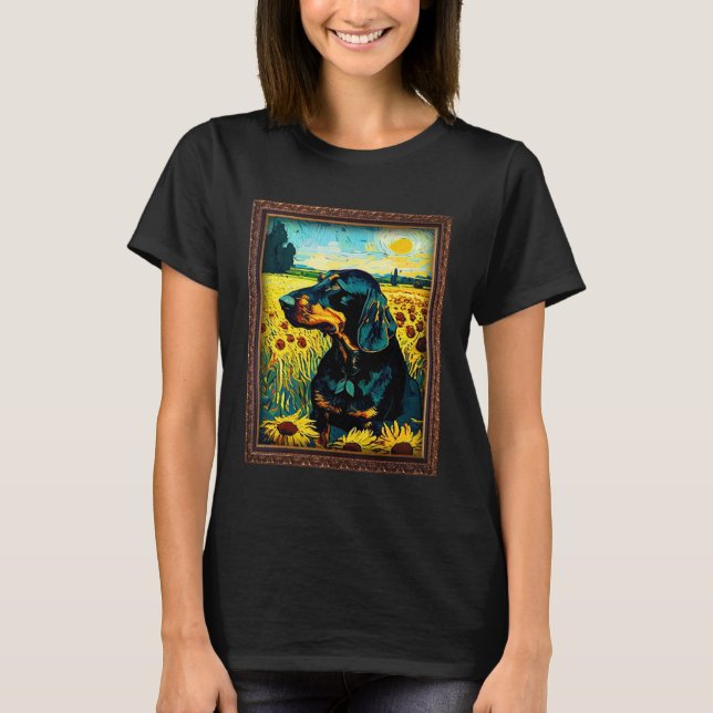 Camiseta Black and Tan Coonhound Painting Sunflower Flower  (Anverso)