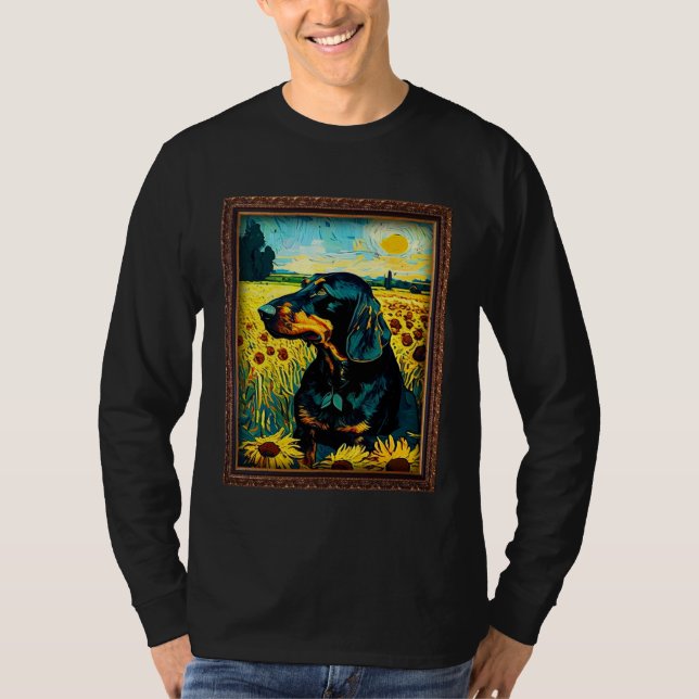 Camiseta Black and Tan Coonhound Painting Sunflower Flower  (Anverso)