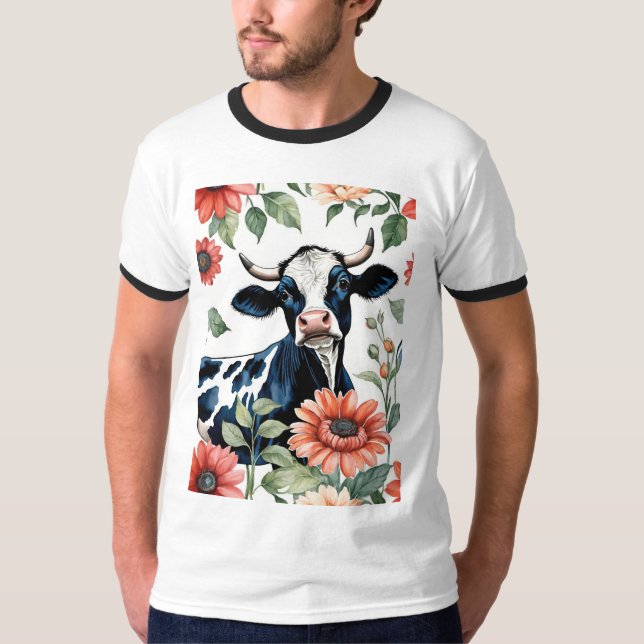 Camiseta Black And White Cow With Orange Flowers (Anverso)