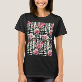 Camiseta Black and White Plaid With Leafy Pink Camellias