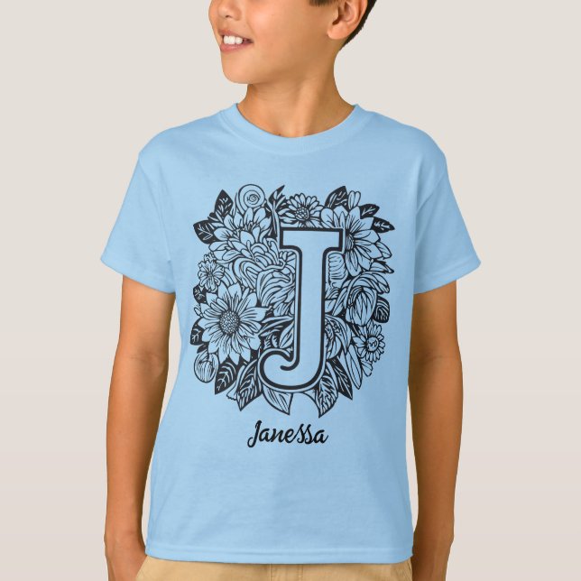 Camiseta Black and White Tattoo Flowers Monogram Letter J (Anverso)