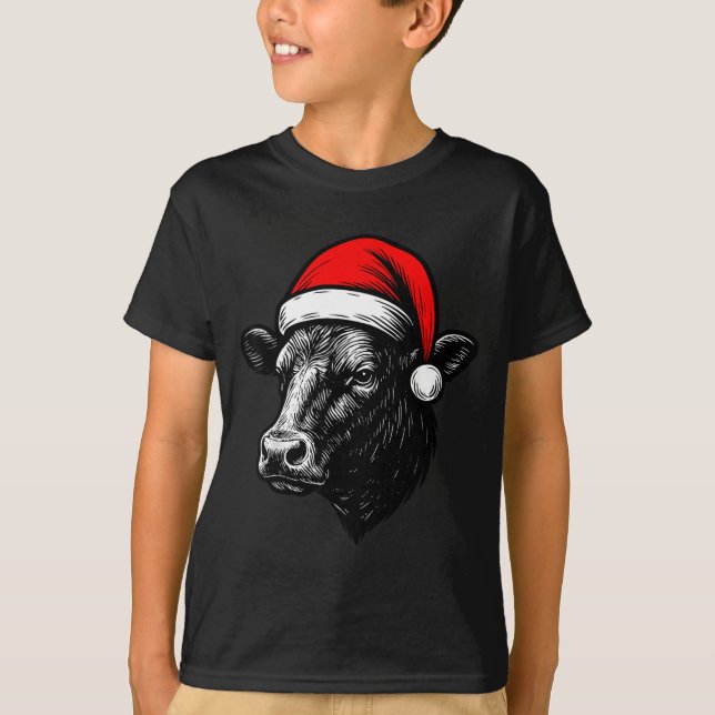 Camiseta Black Angus Rancher Christmas Cow Santa Hat Farmer (Anverso)