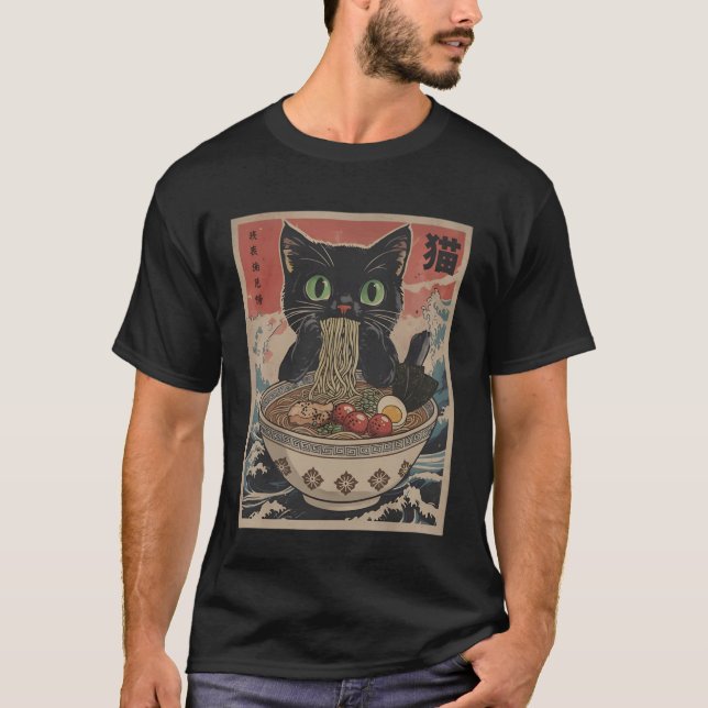 Camiseta Black Anime Cat Ramen Noodles Japanese Funny Kawai (Anverso)