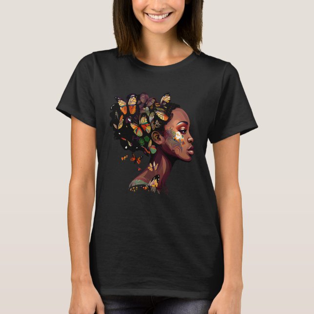 Camiseta Black Beautiful African Queen Butterfly Hair Fun M (Anverso)