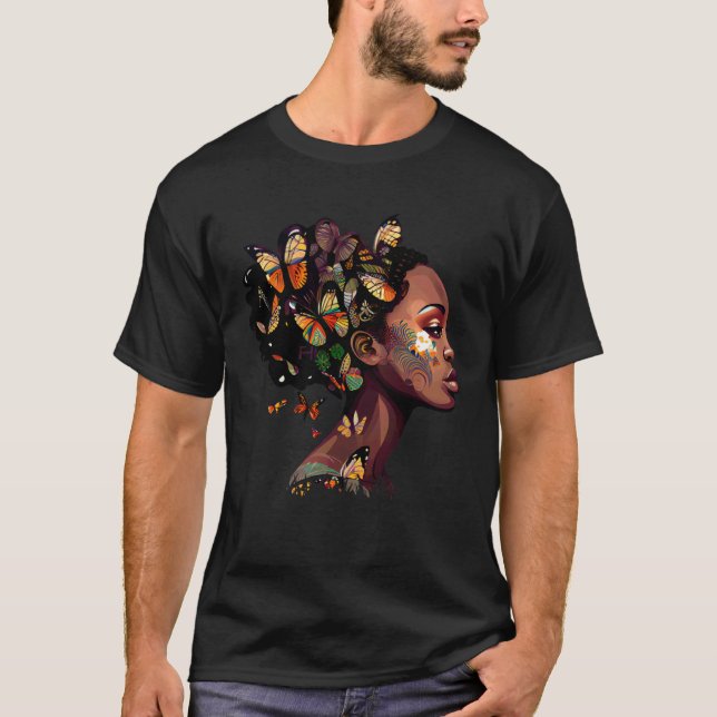 Camiseta Black Beautiful African Queen Butterfly Hair Fun M (Anverso)