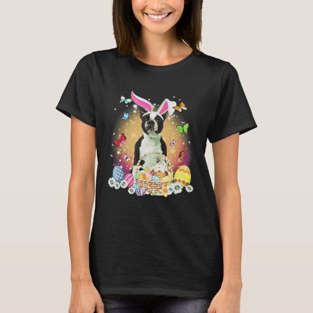 Camiseta Black Boston Terrier Dog Bunny Easter Eggs Basket  (Anverso)