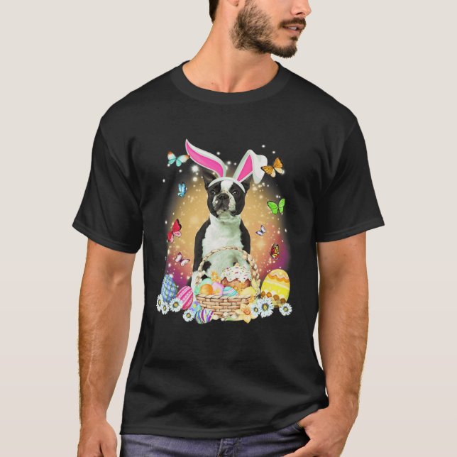 Camiseta Black Boston Terrier Dog Bunny Easter Eggs Basket  (Anverso)