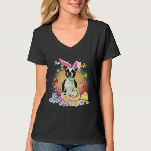 Camiseta Black Boston Terrier Dog Bunny Easter Eggs Basket  (Anverso)