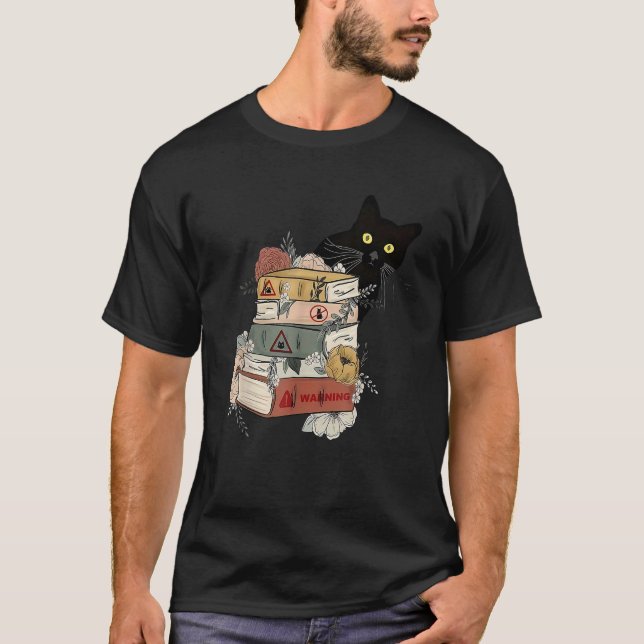 Camiseta Black Cat And Books Flowers Reading Club Cat Lover (Anverso)