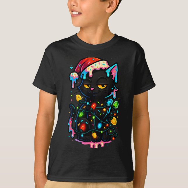 Camiseta Black Cat Christmas Ice Cream Drip Santa Hat Cute  (Anverso)