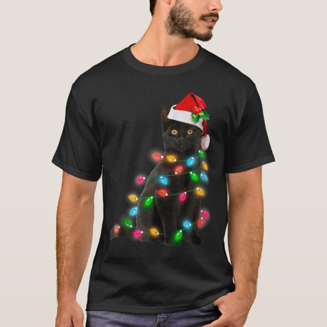 Camiseta Black Cat Christmas Light Cat Lover Christmas  (Anverso)