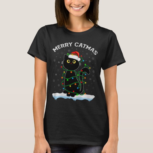 Camiseta Black Cat Christmas Light Cat Wearing Santa Hat Me (Anverso)