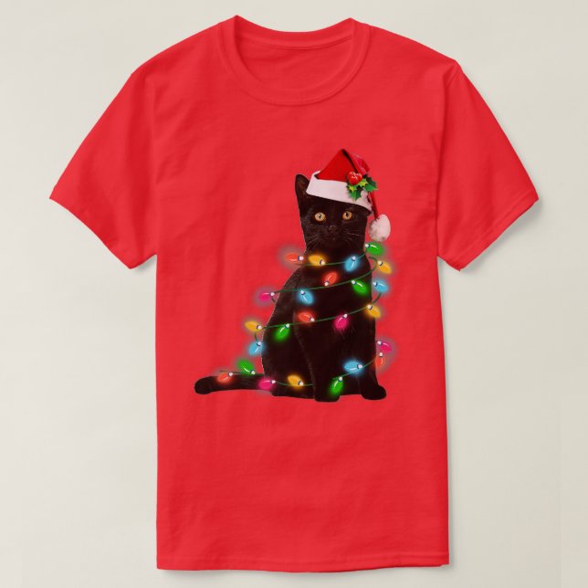 Camiseta Black Cat christmas light t funny cat lover christ (Diseño del anverso)