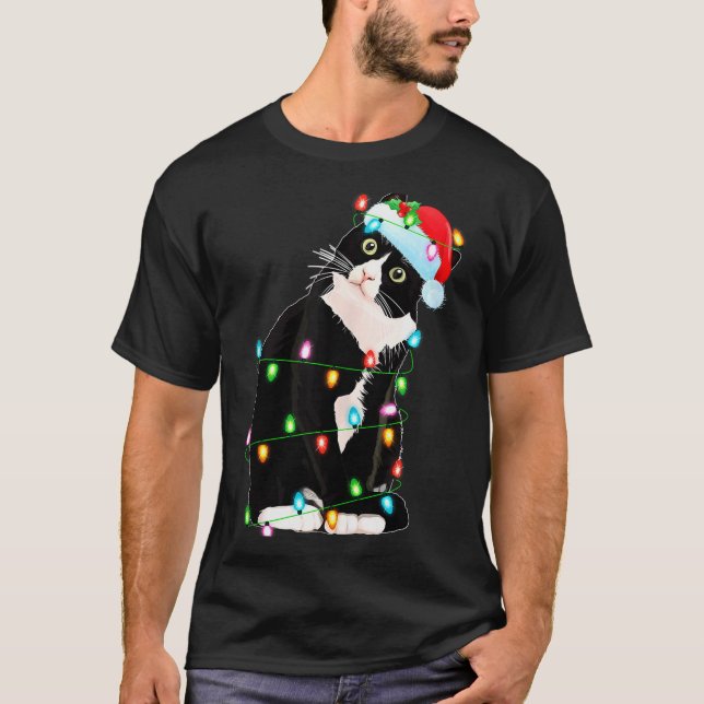 Camiseta Black Cat Christmas Lights Funny Santa Hat Black C (Anverso)
