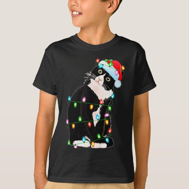 Camiseta Black Cat Christmas Lights Funny Santa Hat Black C (Anverso)