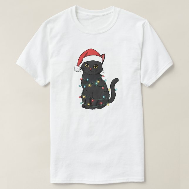 Camiseta Black Cat Christmas Lights – Funny Santa Kitten  (Diseño del anverso)