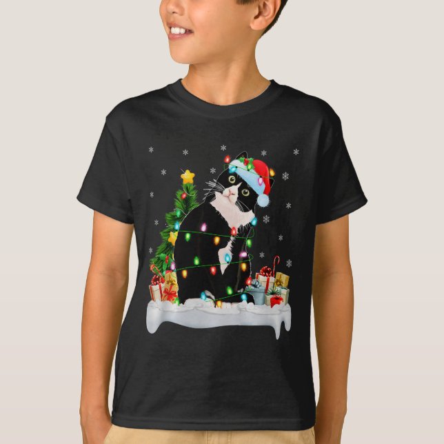 Camiseta Black Cat Christmas Lights Santa Hat Black Cat Lov (Anverso)