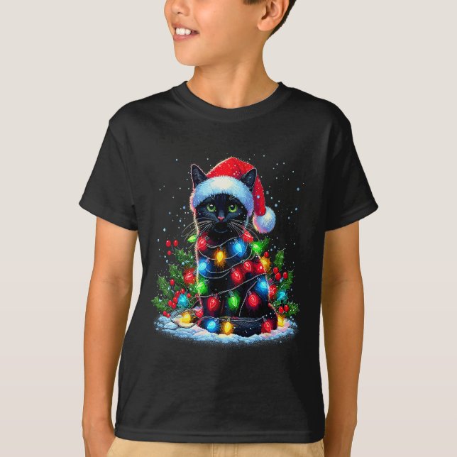 Camiseta Black Cat Christmas Santa Hat Funny Meowy Cats  (Anverso)