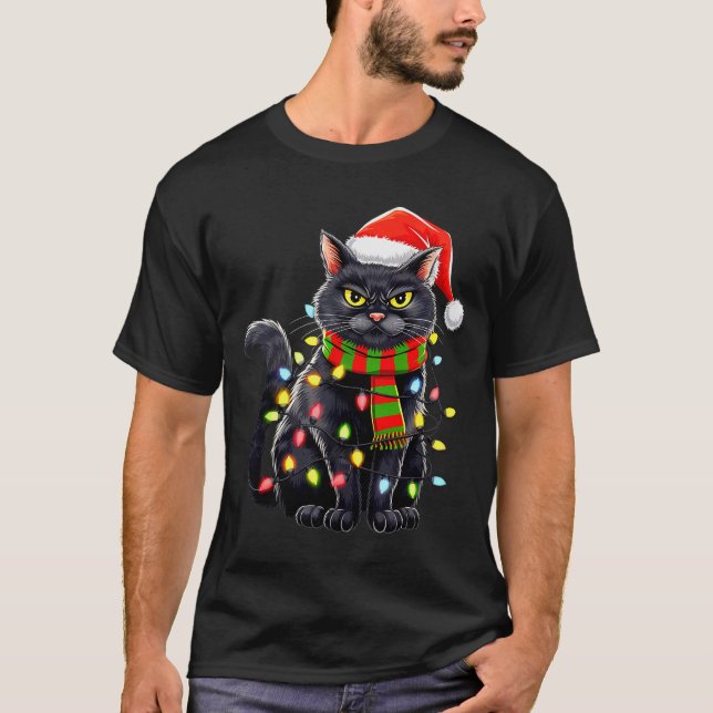 Camiseta Black Cat Christmas Santa Hat Funny Meowy Cats Wom (Anverso)
