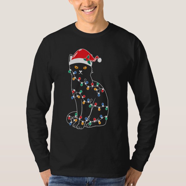 Camiseta Black Cat Christmas Tree Lights   Santa Kitten Led (Anverso)