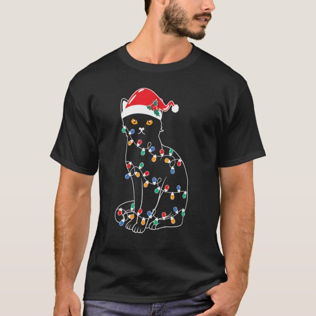 Camiseta Black Cat Christmas Tree Lights   Santa Kitten Led (Anverso)