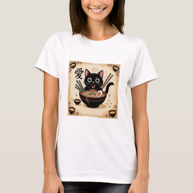 Camiseta Black Cat Eating Ramen, Cute Kawaii Noodle Bowl (Anverso)