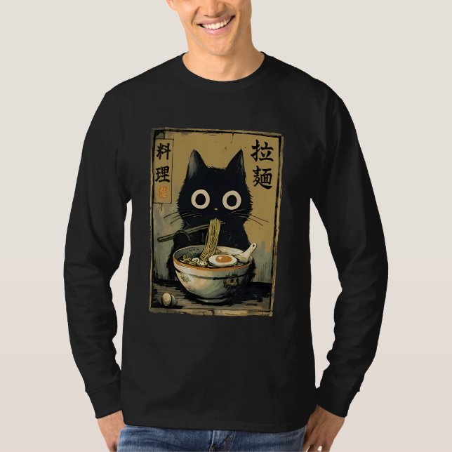 Camiseta Black Cat Eating Ramen Japanese Food Noodle Kitten (Anverso)