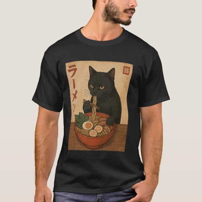 Camiseta Black Cat Eating Ramen Japanese Style Funny Retro  (Anverso)
