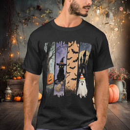 Camiseta Black Cat, Ghost, Pumpkin, Bats & Haunted House
