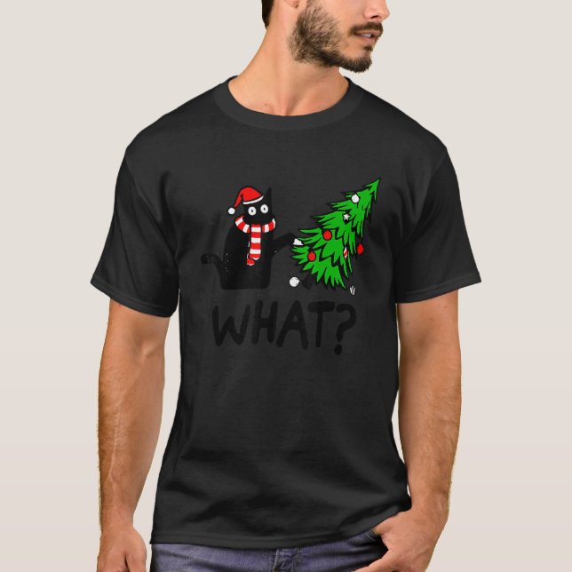 Camiseta Black Cat Gift Pushing Christmas Tree Over Cat Wha (Anverso)