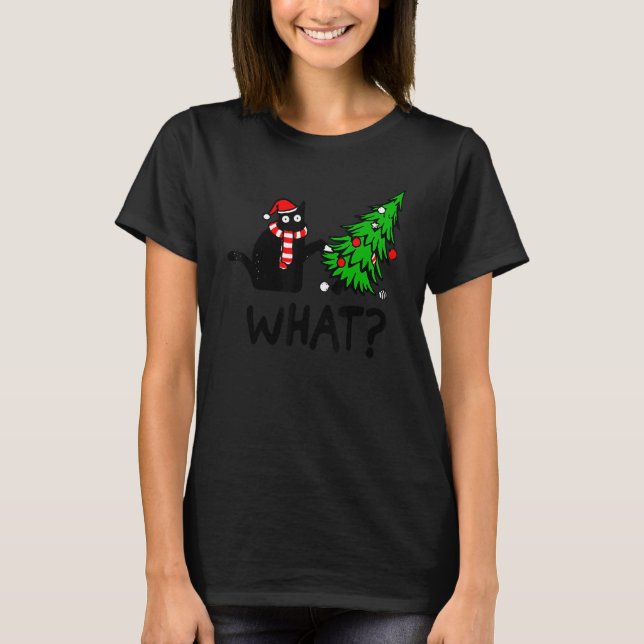 Camiseta Black Cat Gift Pushing Christmas Tree Over Cat Wha (Anverso)