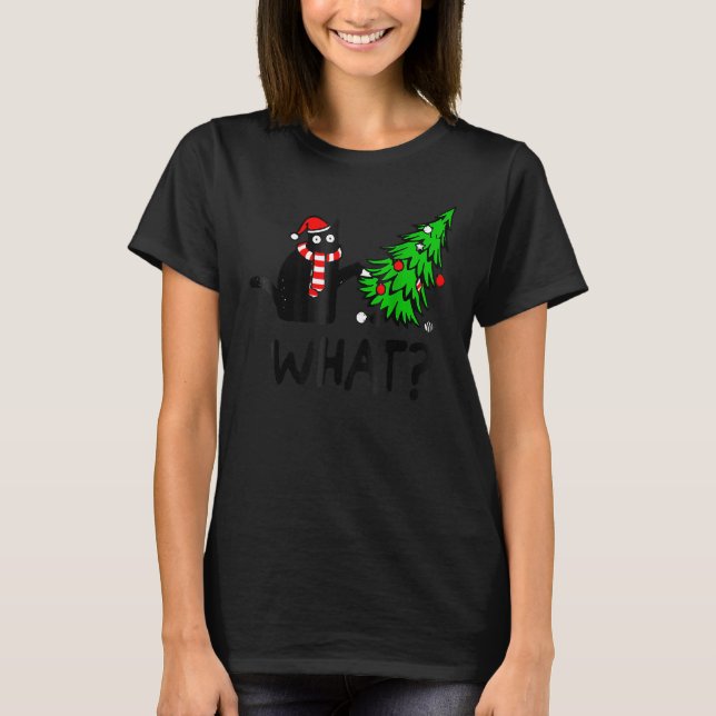 Camiseta Black Cat Gift Pushing Christmas Tree Over Cat Wha (Anverso)