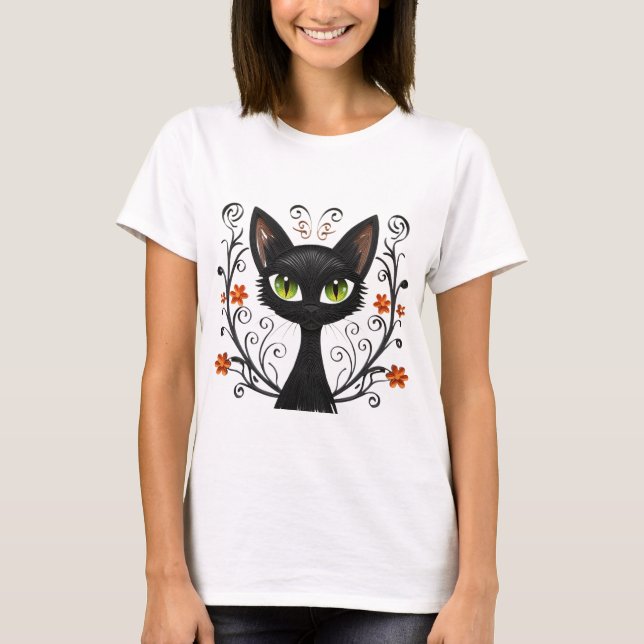 Camiseta Black Cat Green Eyes Filigree Design (Anverso)