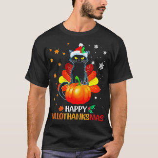 Camiseta Black Cat Halloween And Merry Christmas Happy