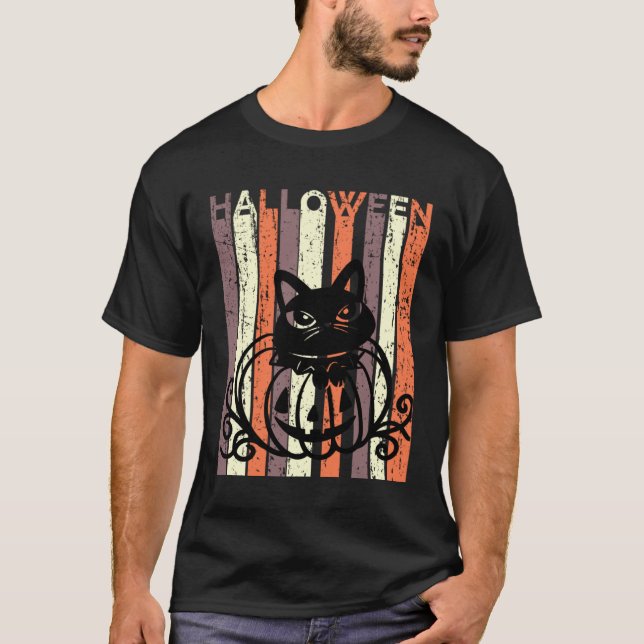 Camiseta Black Cat Halloween Retro Distressed Goth Pumpkin  (Anverso)