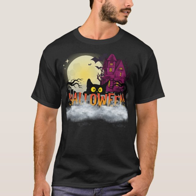 Camiseta Black Cat & Haunted House – Halloween Night Design (Anverso)