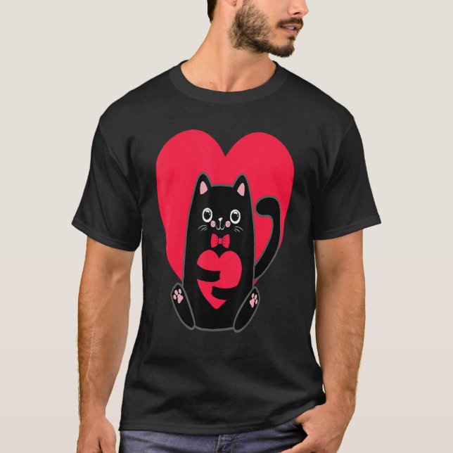 Camiseta Black Cat Heart Valentines Day Cute Kitten Kitty L (Anverso)