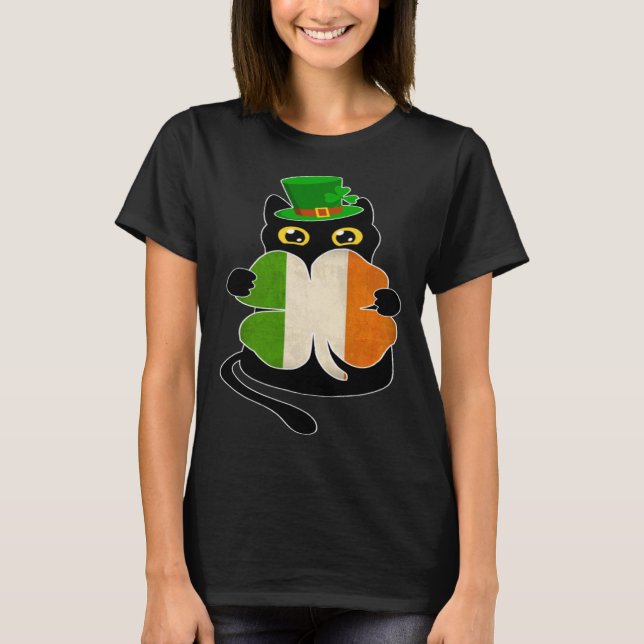 Camiseta Black Cat Holding Shamrock Irish Flag St Patricks  (Anverso)