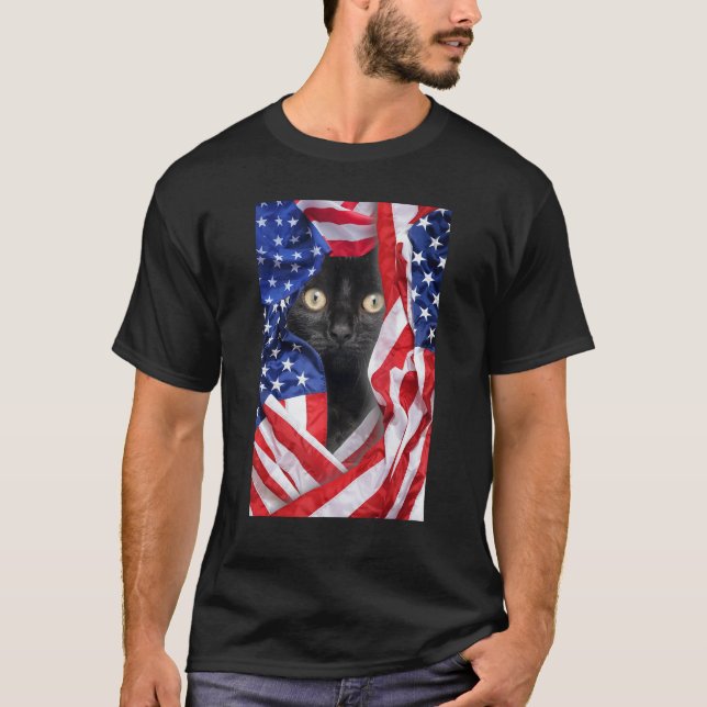 Camiseta Black Cat in USA Flag 4th of July Men Women (Anverso)