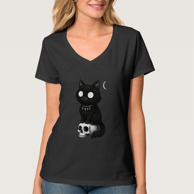 Camiseta Black Cat Kitty Skull Creepy Cute Kawaii Goth Witc (Anverso)