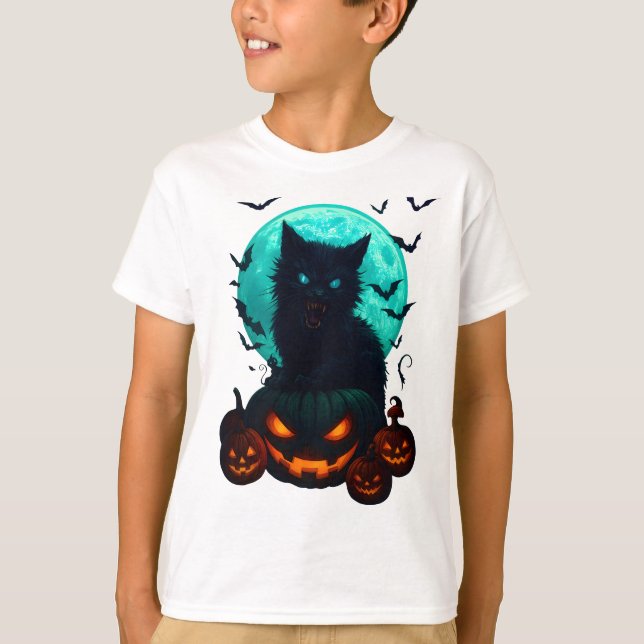 Camiseta Black Cat on Pumpkins under Full Moon – Spooky Hal (Anverso)