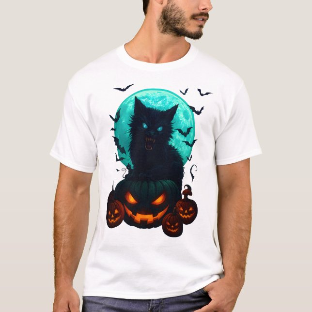 Camiseta Black Cat on Pumpkins under Full Moon – Spooky Hal (Anverso)
