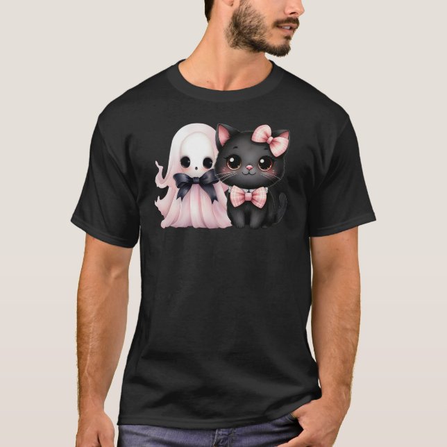 Camiseta Black Cat Pink Ghost Halloween Pink Bows Coquette  (Anverso)