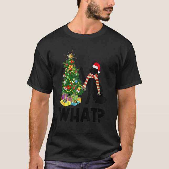 Camiseta Black Cat Pushing Christmas Tree Over Cat What 1 (Anverso)